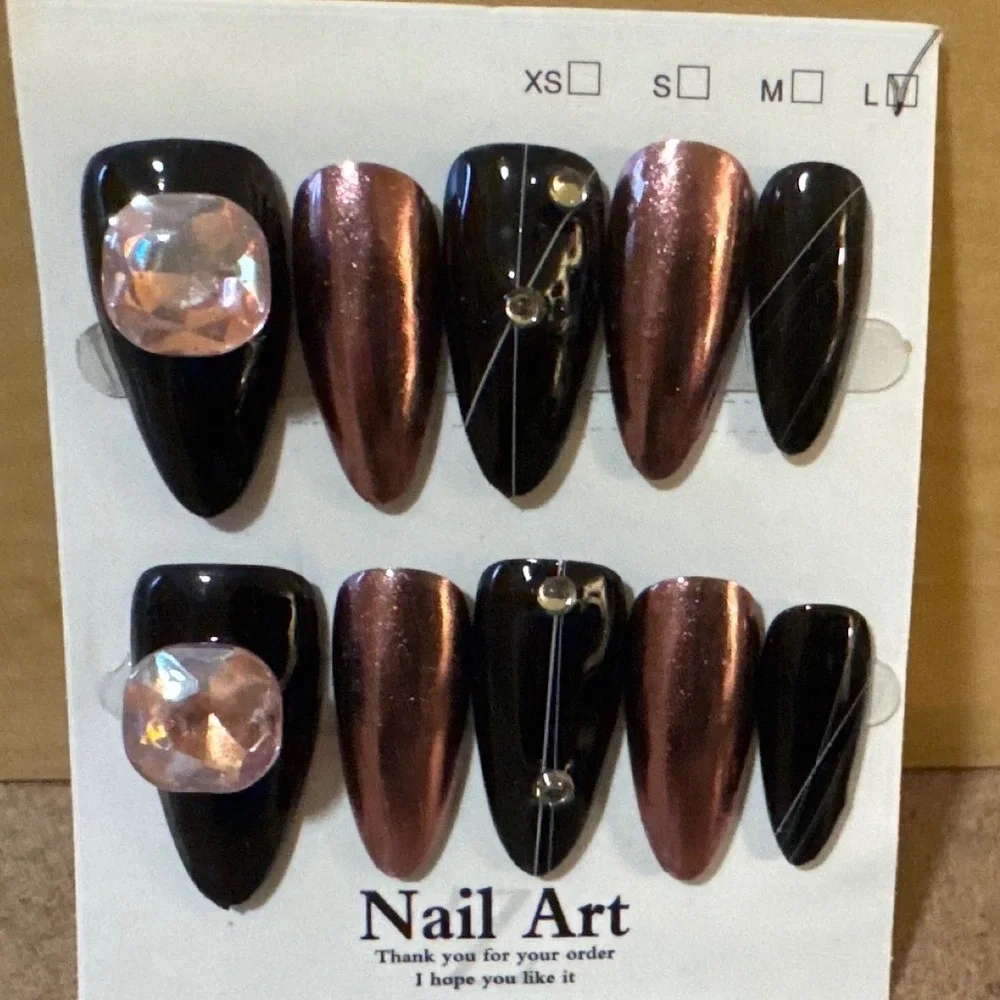 Press‎ On Nails Almond Black Rose Gold Metallic Gemstone Rhinestone L